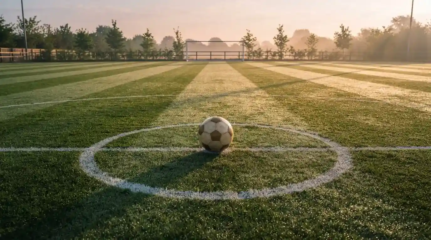 Een voetbal op de middenstip van een grasveld in het ochtendlicht