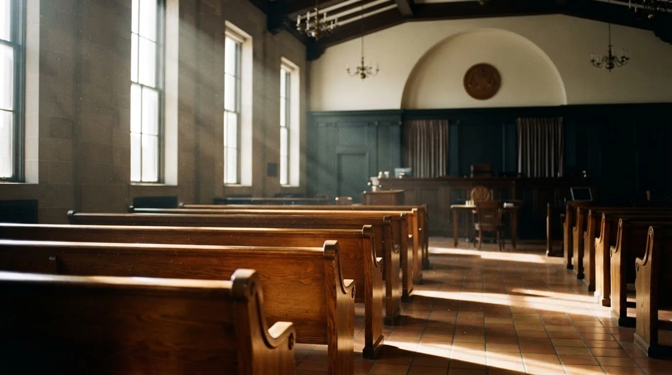 Een lege rechtszaal met houten banken in het ochtendlicht